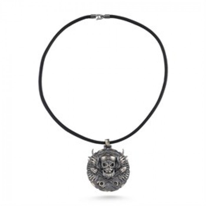 Leather Oxidized Skull Silver Necklace